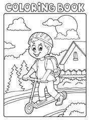 Papier Peint photo Lavable Pour enfants Livre de coloriage garçon sur trottinette thème 2