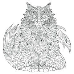 Obraz premium Maine Coon. A big fluffy cat. Hand drawn vector illustration. Coloring book page for adult. Line art for cat's lovers. 