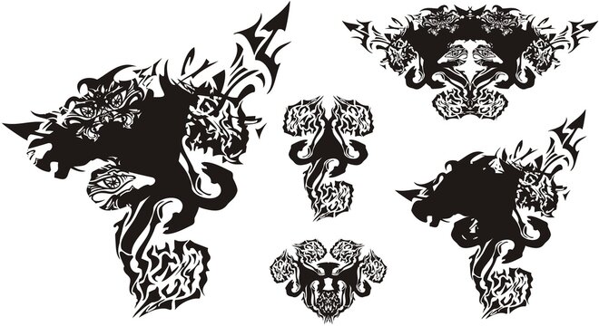 Tribal scary symbols with snakes. Fantastic symbols formed by a horse 's head and tiger 's head with elements of snakes. Silhouettes of unusual animals on a white background for your ideas