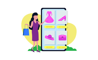 you beautiful feminine woman stand up and touch a huge phone for order fashion concept to online shopping at digital store or e-commerce.