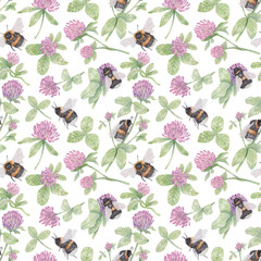Hand-drawn watercolor seamless pattern on a summer theme. Light background with bumblebees, leaves, flowers and clover petals. Botanical illustration for design, wallpaper, fabric, prints, postcards.