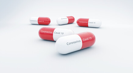 COVID-19 Medicine or Coronavirus Medicine. Capsule medicine for pandemic protection COVID-19, 3D illustration.	