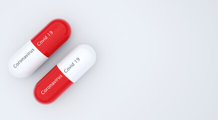 COVID-19 Medicine or Coronavirus Medicine. Capsule medicine for pandemic protection COVID-19, 3D illustration.	