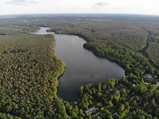 Aerial view of lake B&ouml;tzsee which is about four km long and 400 m wide and stretches between the towns of Altlandsberg and Strausberg in the district of M&auml;rkisch-Oderland, in the state of Brandenburg.
