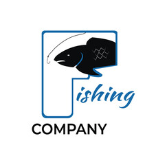 Logo for fishing company, community, fisherman. illustration with fish and letter of F for fishing.