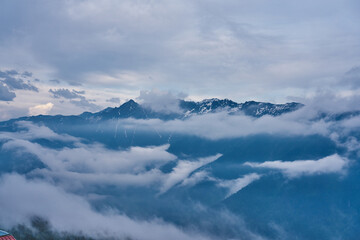 Fototapeta na wymiar Landscape of snowy and foggy mountains at Gito Plateau, Rize, Black Sea / Karadeniz region of Turkey