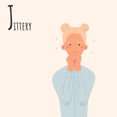 Fototapeta na wymiar Alphabet Emotions concept. Female character nervous and anxious. Letter J - Jittery . Vector cartoon illustration