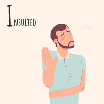 Alphabet Emotions concept. Male character insulted and offended. Letter I - Insulted. Vector cartoon illustration