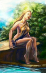 Obraz premium Digital illustration with a young beautiful woman sitting on a bank of the river with trees on the background. Female image, youth and beauty concept. Summer bright colored illustration with character
