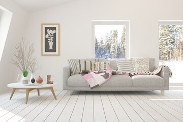 White stylish minimalist room with sofa and winter landscape in window. Scandinavian interior design. 3D illustration