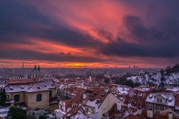 Panorama of Prague from Prague Castle view point at sunrise time with dramatic clouds. Prague, Czech Republic. Europe cities. Travel.