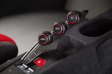 Automatic gearbox buttons in luxury sports car interior