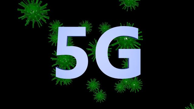 5G inscription and viruses covid-19 moving towards the screen. 3D animation