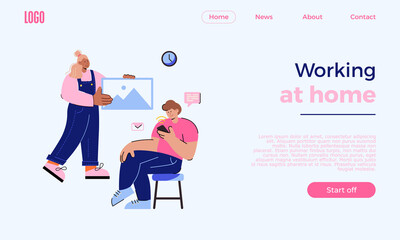 Web banner template, mobile interface design. Freelancer is sitting at the computer. Works from home. Work in the office. Designer, programmer, writer. Stylized cartoon characters.