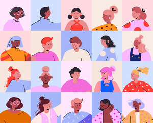 Pattern of vector simplified minimalist avatars. Different characters portraits in cartoon style. Ideal for social networks and business presentations, user interface, UX, graphic and web design.