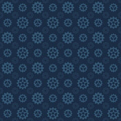 Vector seamless pattern illustration of cogwheel mechanisms. Silhouette of gear machinery icons, navy blue background bright blue gear. For surface design textures, covers, textiles, wrapping.