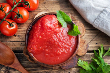 Tomatoes in their own juice or Tomato paste in a wooden bowl and fresh tomatoes on a rustic wooden...