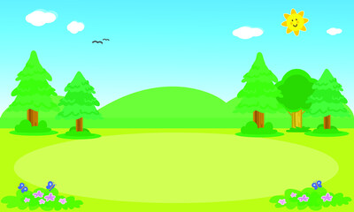 Fototapeta premium Background landscape with pine trees, bird and butterflies. Digital illustration