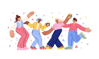 Group of young happy dancers isolated on a white background. Youth party. Vector illustration flat design. Use in web projects and applications, user interface, UX, graphic and web design.