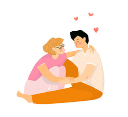 Young lovers couple sitting hugging and kissing. Romantic man and woman valentine date, tender scene of happy people in love. Vector hand drawn flat clipart illustration.