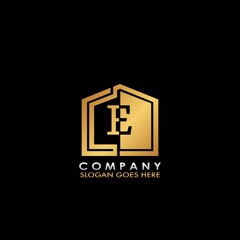 Golden House E letter logo, initial half negative space letter design for business, building and property style oncept
