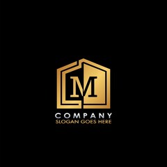 Golden House M letter logo, initial half negative space letter design for business, building and property style oncept