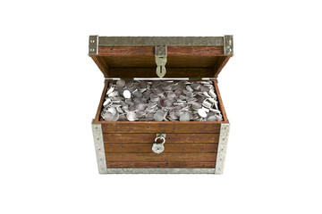 Wooden treasure chest filled with coins. 3D illustration