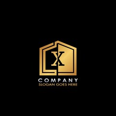 Golden House X letter logo, initial half negative space letter design for business, building and property style concept