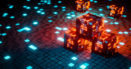 Quantum cube.Blockchain technology with abstract background