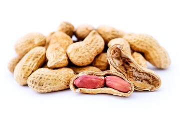 Dried peanuts in closeup. peanuts isolated on white background.seed Nut