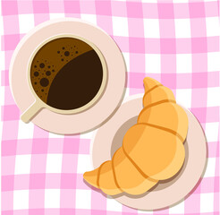 Vector flat illustration of coffee cup with croissant on the table.
