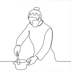 female chef is stirring food with a spoon in a pan. A woman is preparing food in professional cook clothes. One continuous line art cooking