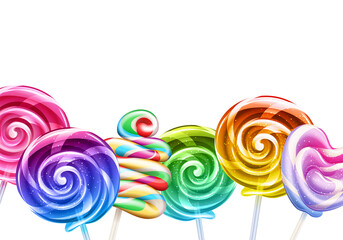 Colorful rainbow lollipops background - sweet hard candies on stick.
