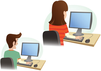 Man and woman at computer monitor