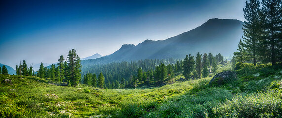 mountain range and evergreen trees, Khamar-Daban, Siberia, Russia, national park