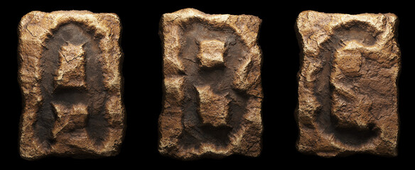 Set of rocky letters A, B, C. Font of stone on black background. 3d