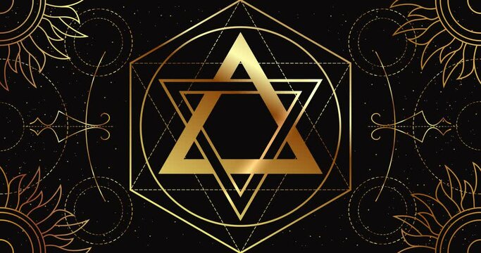 Seal of Solomon on a black background with a geometric golden pattern. The magical occult symbol of wealth. Looping animation.