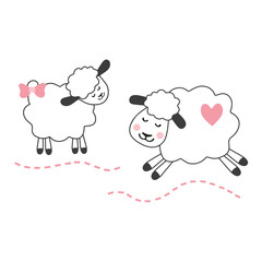 Vector image of a cute tender sheep. Smiling lambs with a bow on the ear. Illustration for printing on children's clothes, textiles, paper.