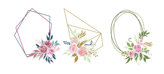 Set of vector geometric and floral wreaths with rose flowers and leaves