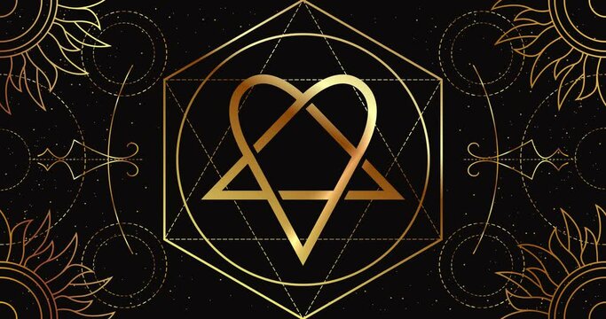 The heartgram is an occult symbol of the union of love and hate. Mystic Sign on a black background with a geometric golden pattern. The magical symbol of wealth. Looping animation.