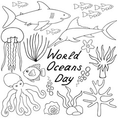 Naklejka premium Undersea world. Vector set of illustrations. Outline on a white isolated background. The inhabitants of the ocean. Hand drawing style. Sketch. Sea creatures. Shark, reef, jellyfish. Coloring book.