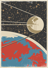 Retro Space Mission Propaganda Poster, Sputnik flies above the Earth