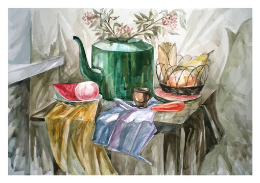 Still life with a green teapot, fruits and vegetables drawn by watercolor paints. Trace