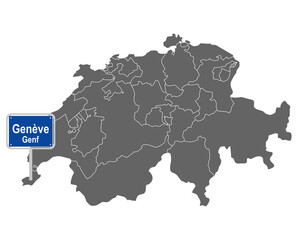 Landkarte der Schweiz mit Ortsschild von Genève