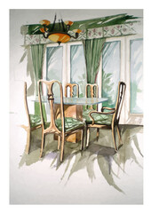Watercolor sketch of the interior with beautiful wooden chairs and a glass table, beautiful textiles. Trace