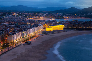 High view from Donostia-San Sebastian with Zurriola beach and Kursaal Auditorium at the Basque...