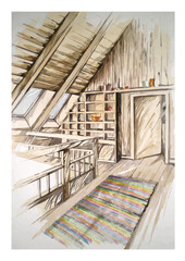 Interior of a wooden house drawn by watercolor paints. Trace