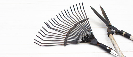 old Gardening tools: garden rake and pruner on white table. space for text. Banner