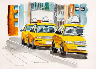 Selbstklebende Fototapeten New York street scene illustration. Hand drawn watercolor sketch, Manhattan with, cars, taxis, traffic lights. Postcards design. Lettering. Yellow Cabs. © Sergii Ryzhkov