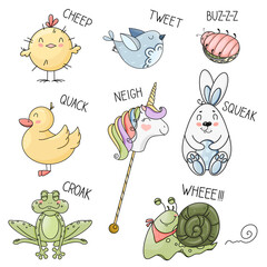 Set of cute cartoon animals and sound they make. Vector chicken, bird, bug, duck, rabbit, frog, snail and stick unicorn toy. Funny illustration what does animals say for design print, fabric, t-shirt.